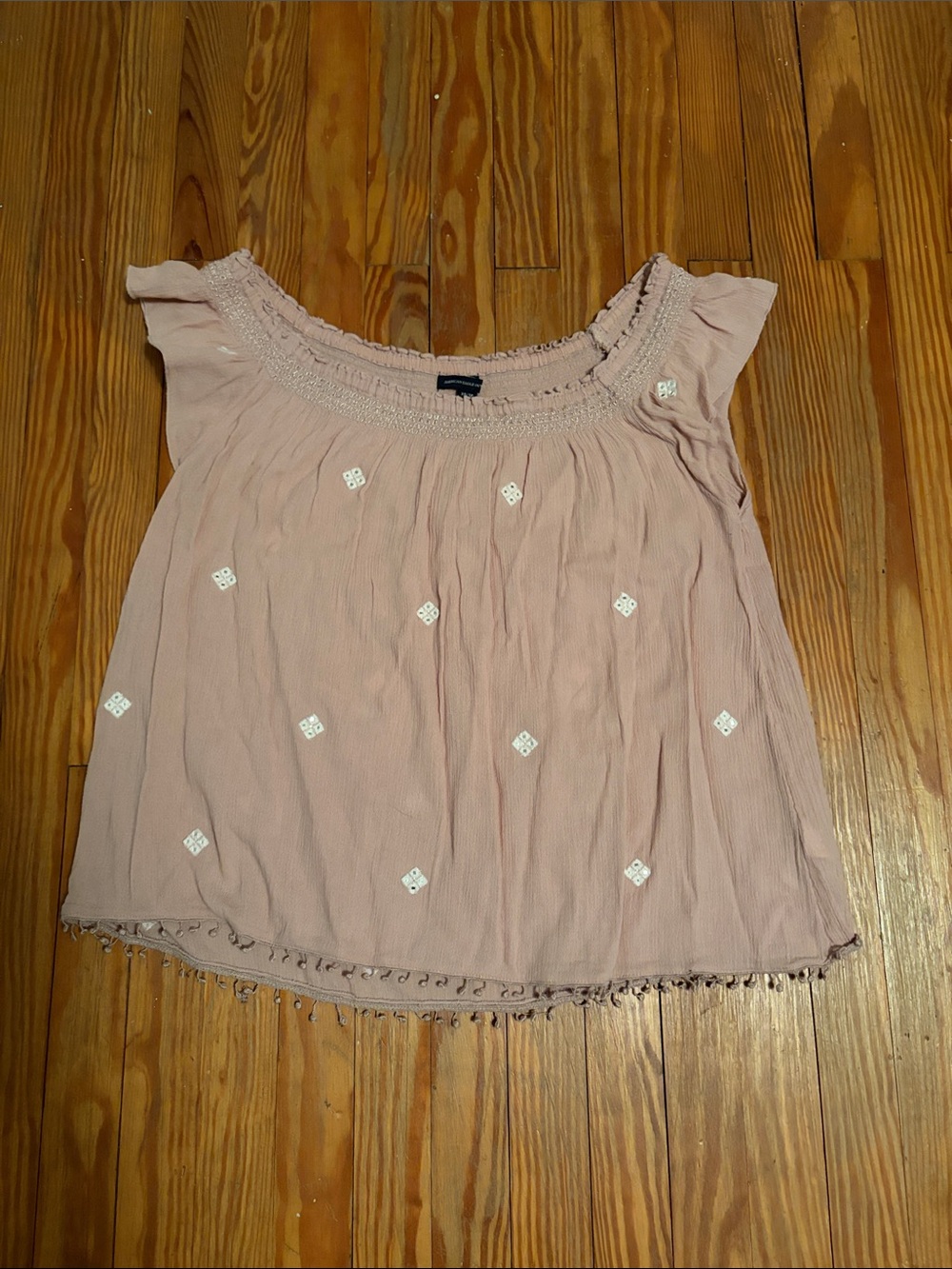 EUC American Eagle Outfitters Blush Peach Gauzy Embellished Babydoll Top XS